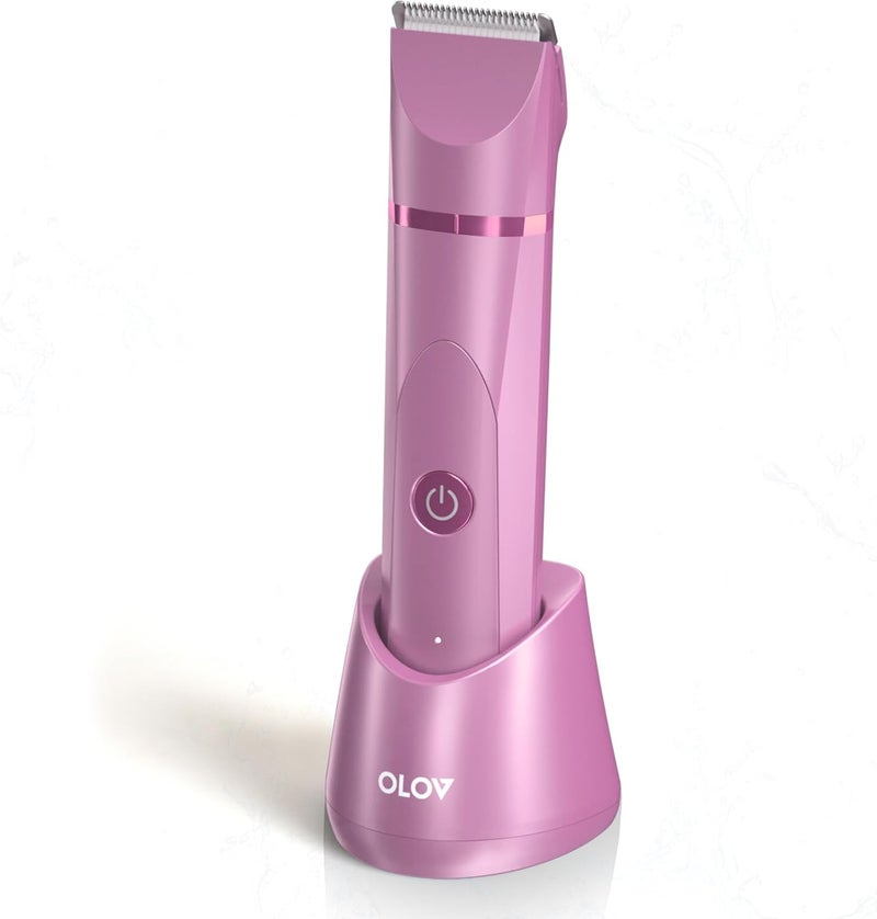 OLOV Electric Body Hair Trimmer - Groin Trimmer for Men - Bikini Trimmer Women - Wet/Dry Shaver Groomer, Replaceable Ceramic Blade Heads, USB Recharge Dock, Waterproof Hygiene Razor, Pink - Image 1